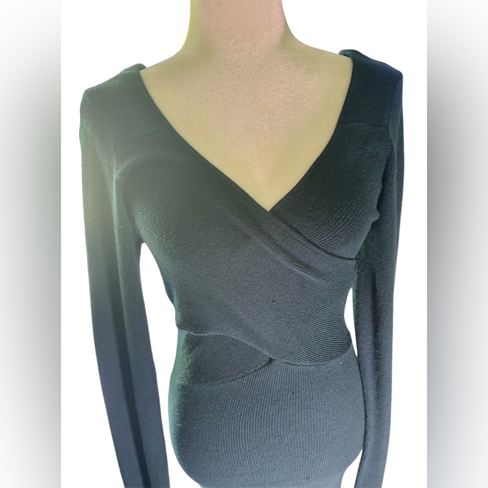 Elegant Black Ribbed Knit Midi Dress | Asymmetrical Neckline | Long Bodycon - Picture 2 of 11
